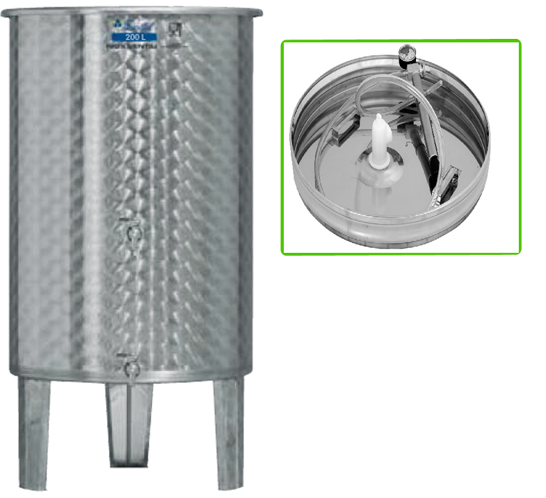 Úszófedeles INOX bortartály 200 l, 2 csapos, pumpás szettel