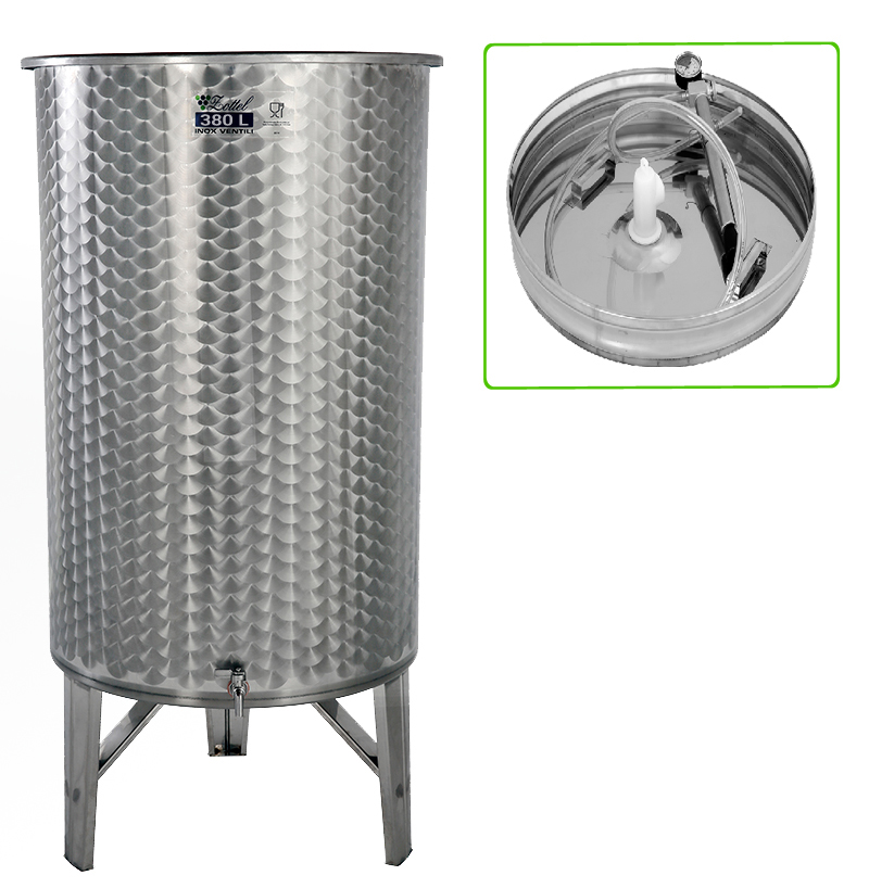 Úszófedeles INOX bortartály 380 l, 1 csapos, pumpás szettel