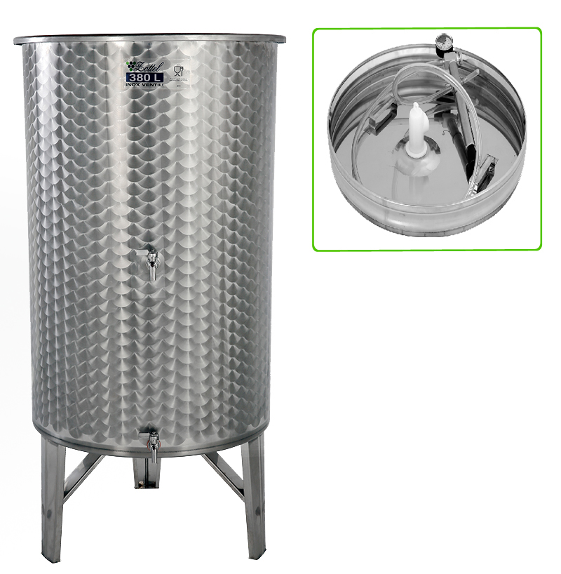 Úszófedeles INOX bortartály 380 l, 2 csapos, pumpás szettel