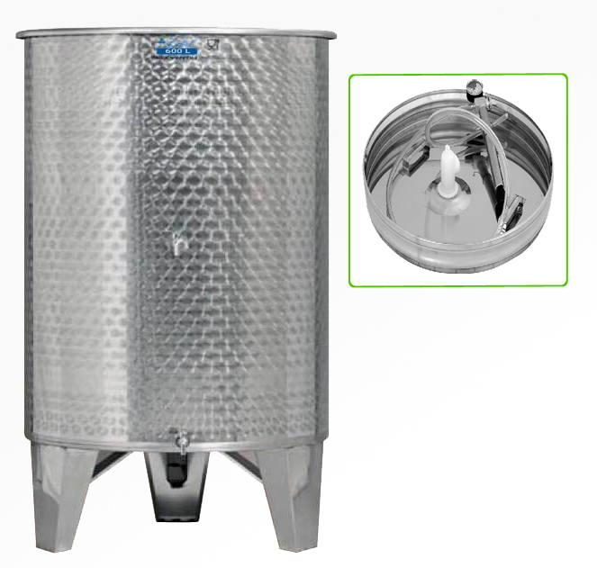 Úszófedeles INOX bortartály 600 l, 2 csapos, pumpás szettel